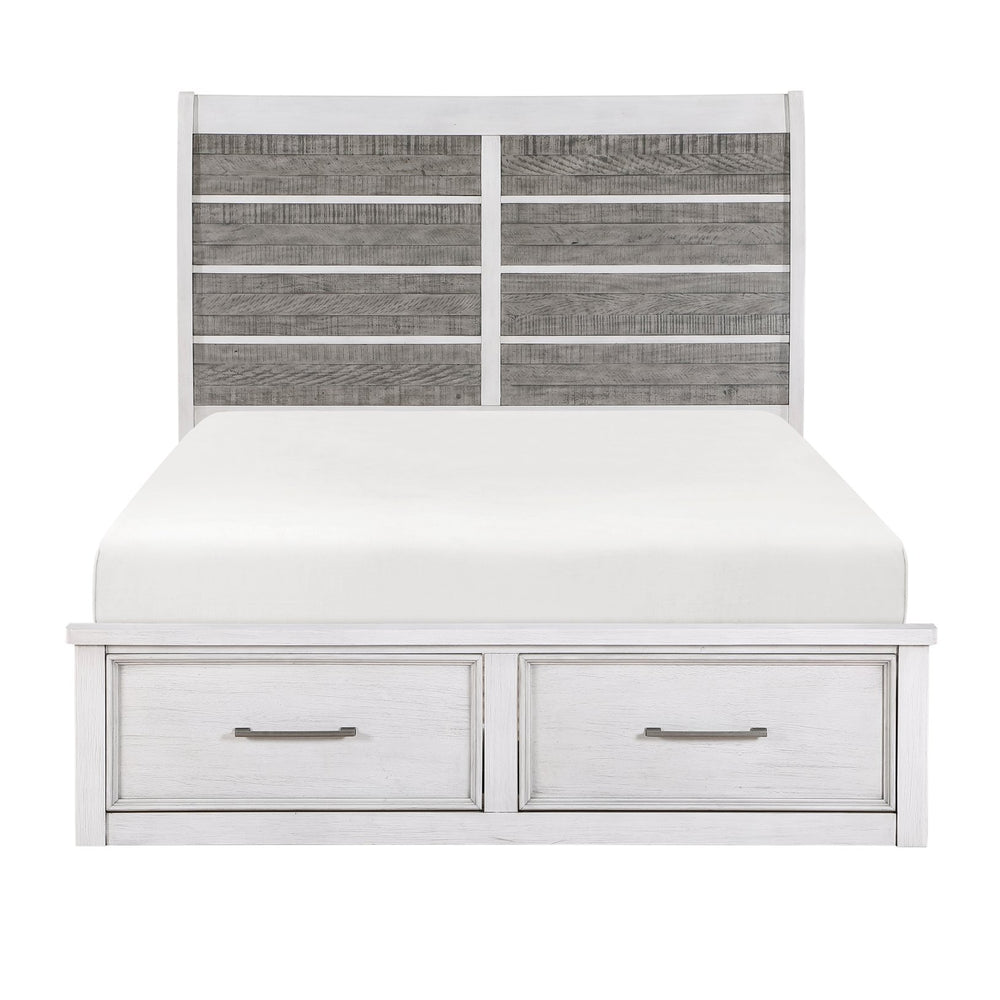 English Elm Antique Ambrose Queen Platform Bed with Footboard Storage Drawers Rustic Acacia Veneer Finish Antique Gray,Antique White 67.25 L x 43.75 W x 7.75 H B011S01450