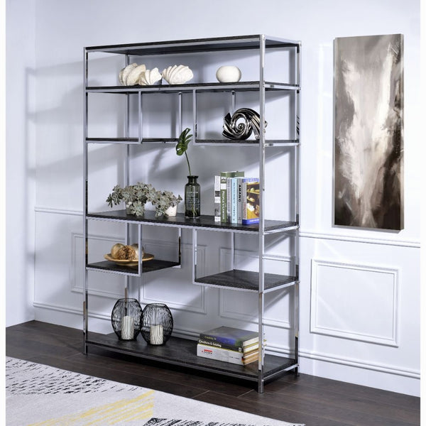 English Elm Rustic Modern Grey Oak & Chrome 8-Shelf Geometric Bookshelf with Sturdy Metal Frame, 72"H, 49"W B062P209200