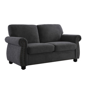English Elm Soft Velvet Upholstered Loveseat with Turned Wood Legs Nailhead Trim Mid-century Style Black B2735P292309