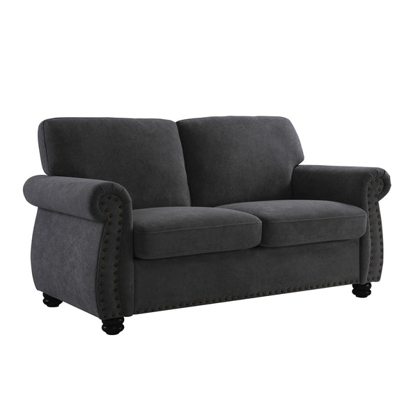 English Elm Soft Velvet Upholstered Loveseat with Turned Wood Legs Nailhead Trim Mid-century Style Black B2735P292309