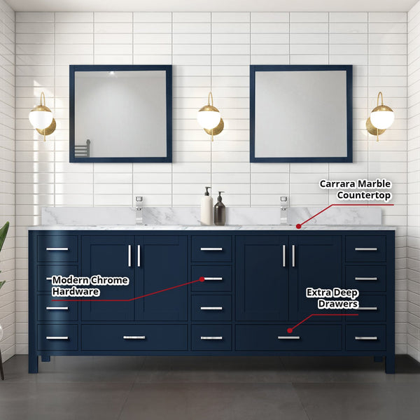 English Elm Navy Double Bath Vanity 84" W x 22" D with Carrara Marble Top, Chrome Faucet, 34" Mirrors, Durable Countertop B2731S01067