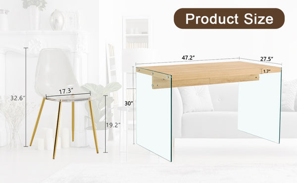 English Elm Table And Chair Set - Modern Wood Texture Mdf Coffee Table With Glass Legs & 4 Transparent Chairs W1151S02076-GIGA