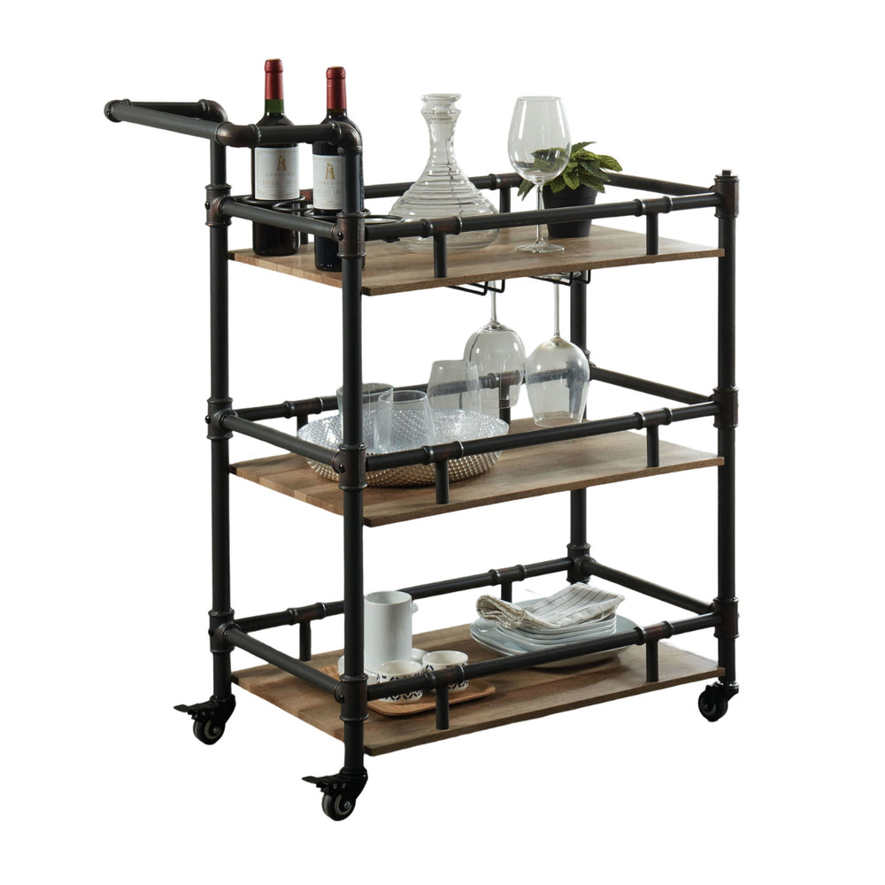English Elm Industrial Industrial Style Antique Black Oak 3-Tier Serving Cart with Metal Pipe Frame, Wheels - Rustic Server B011P191544
