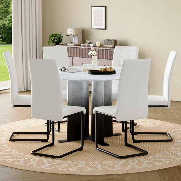 English Elm Modern Round Marble Look Dining Set Seats Six Upholstered Chairs Open Concept W3875S00065