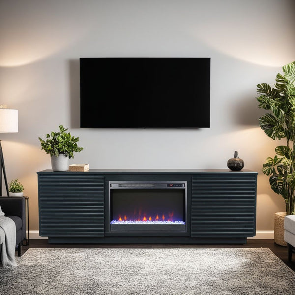 English Elm 73 Inch Fireplace TV Stand for TVs up to 85" Black Finish — Poplar & Okume Veneer Console w/ Fireplace, Storage, Remote Control, Cable Management (Fits 400 sq ft) B108P255362