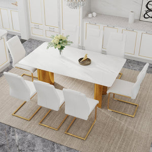 English Elm Table And Chair Set - Elegant Glass Top With Imitation Marble, Gold Legs, 8 Comfortable Pu Chairs W1151S04346-GIGA