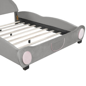 English Elm Full Velvet Bear-Shaped Platform Bed Full Size with Storage Pocket, Cute Cuddly Headboard, Gray Plush Finish SF000143AAE