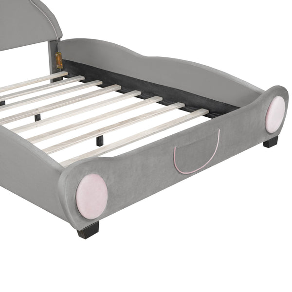 English Elm Full Velvet Bear-Shaped Platform Bed Full Size with Storage Pocket, Cute Cuddly Headboard, Gray Plush Finish SF000143AAE