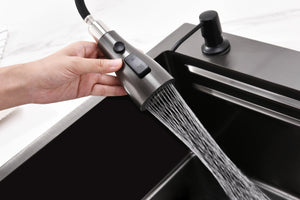 English Elm Waterfall Matte Black Stainless Steel Workstation Sink with Pull Out Faucet and Prep Rail T3177P286036