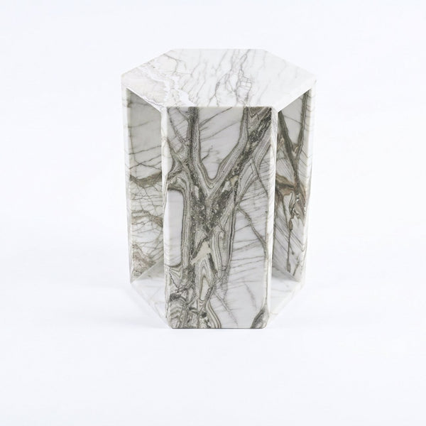 English Elm Genuine Solid Marble Hexagonal Pedestal End Table Polished Stone for Modern Living White+Multi W1696P408000