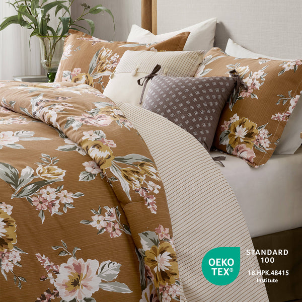 English Elm 7-piece Cal King Vintage Floral Comforter Set with Slub Cotton Reversible Stripe B035P440211