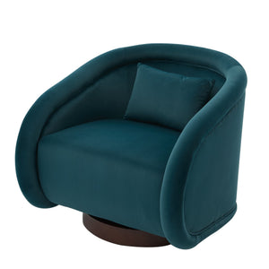 English Elm Swivel Barrel Chair Pumpkin Sculptural Velvet Upholstered with Walnut Wood Round Base Teal W3244P427742