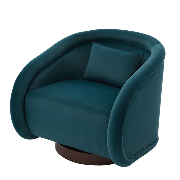 English Elm Swivel Barrel Chair Pumpkin Sculptural Velvet Upholstered with Walnut Wood Round Base Teal W3244P427742