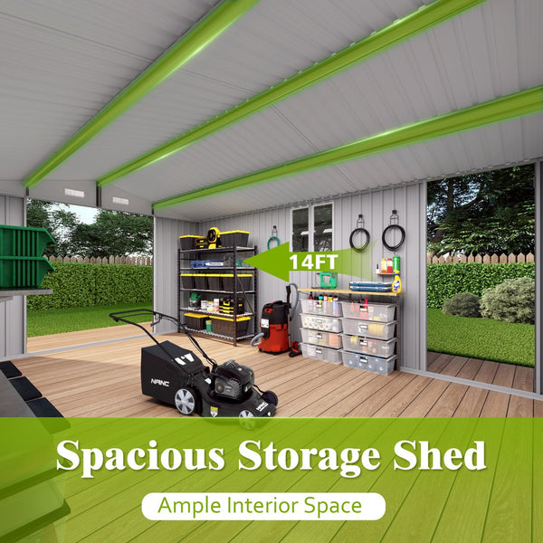 English Elm 10x14 Ft Galvanized Steel Outdoor Storage Shed with Lockable Doors and Vented Window W3213S00004