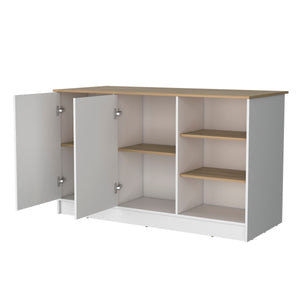 English Elm Gladiolus modern melamine kitchen island with 2 doors, 3 open shelves for organized prep and storage B128S00006