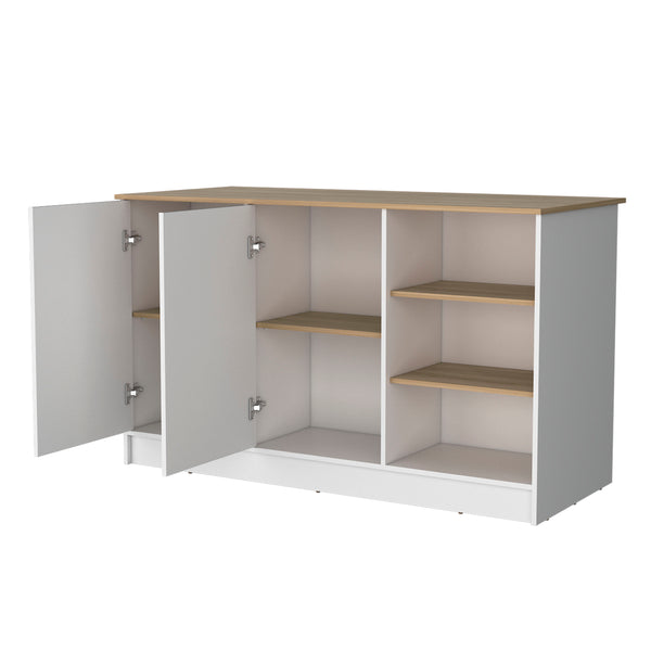 English Elm Gladiolus modern melamine kitchen island with 2 doors, 3 open shelves for organized prep and storage B128S00006