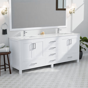 English Elm White Double Bath Vanity 84 in W x 22 in D with White Quartz Top, Solid Wood, Soft-Close Drawers and Ample Storage B2731P258968