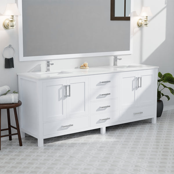 English Elm White Double Bath Vanity 84 in W x 22 in D with White Quartz Top, Solid Wood, Soft-Close Drawers and Ample Storage B2731P258968