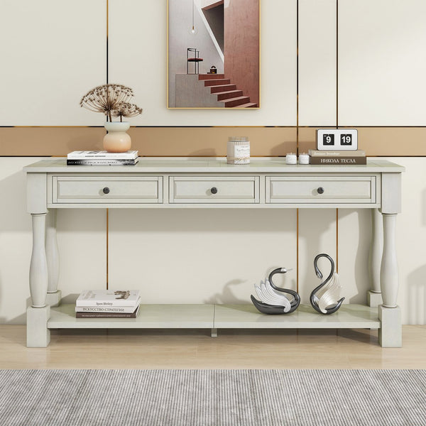 English Elm Trexm Distressed Entryway Console Table Three Drawers Open Shelf Mediterranean Wood Antique White N715P372052K