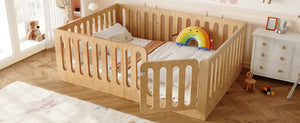 English Elm Twin Solid Pine Montessori Floor Bed with House Frame Door and Safety Fence Natural W5305P420636