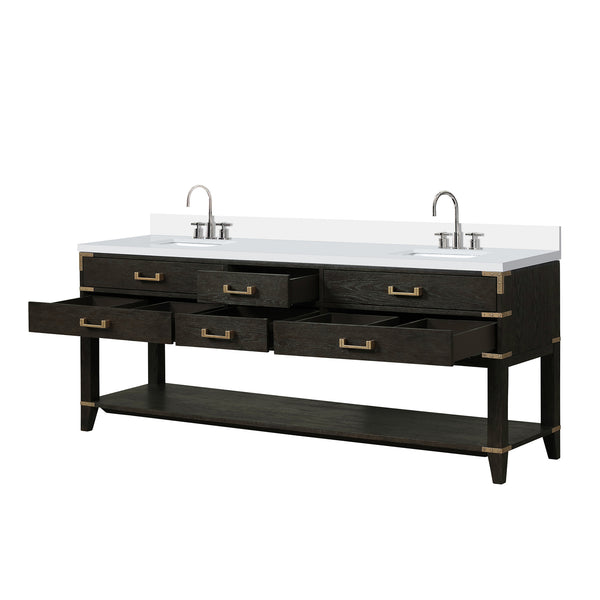 English Elm Black Oak Double Bath Vanity 84" W X 22" D With Cultured Marble Top & Sleek Faucet Set For Luxury Baths B2731P261076