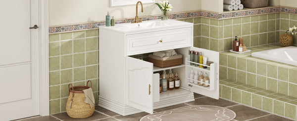 English Elm 36" Luxurious Bathroom Vanity with Ceramic Sink and Soft-Close Doors, Solid Wood Frame, Adjustable Shelves White N710P288944K