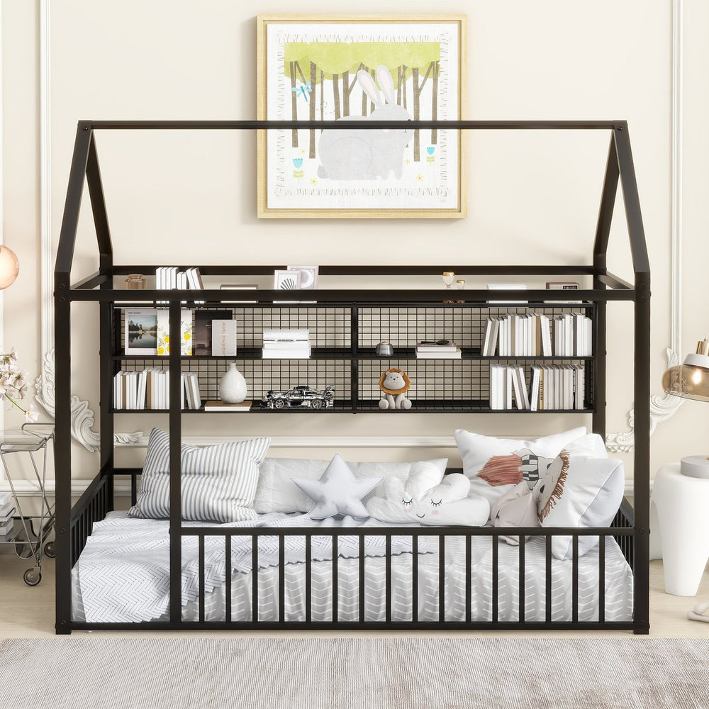 English Elm Twin House Frame Bed Powder Coated Steel with Built in Shelves for Kids Room N737P175360B