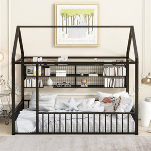 English Elm Twin House Frame Bed Powder Coated Steel with Built in Shelves for Kids Room N737P175360B