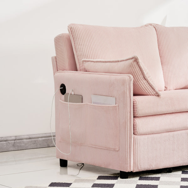 English Elm 55"convertible Corduroy Sofa Bed with Usb Port and Side Pockets for Small Apartments Pink W3373P405039