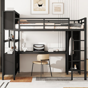 English Elm Metal Loft Bed With Integrated Desk, Wardrobe & Storage Cubes - Space-Saving Solution For All Ages W1580S00068