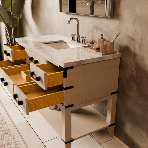 English Elm White Oak Single Bath Vanity Set With Carrara Marble Top, Soft-Close Drawers & Matching Mirror B2731S01525-GIGA