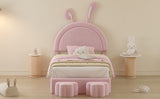 English Elm Twin Size Upholstered Rabbit-Shape Bed With 2 Storage Stools, Velvet Platform Bed With Cartoon Ears Shaped Headboard, Pink