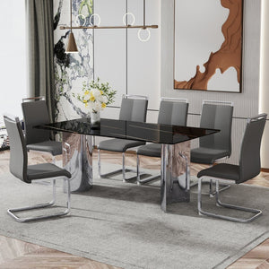 English Elm Table & 6 Dark Gray Pu Chairs Set - Modern Glass Top With Marble Pattern & Stainless Steel Legs W1151S02610-GIGA