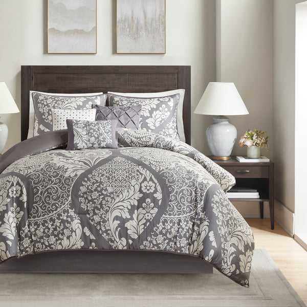 English Elm 7 Piece Cotton Printed Comforter Set - Elegant Grey King Bedding With Damask Design & Pillows B03597028