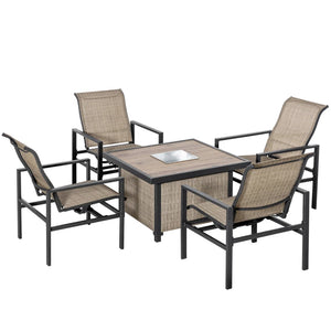 English Elm Outdoor Rocking Dining Set with Built-in Ice Bucket Mesh Chairs Faux Wood Table T3971S00182