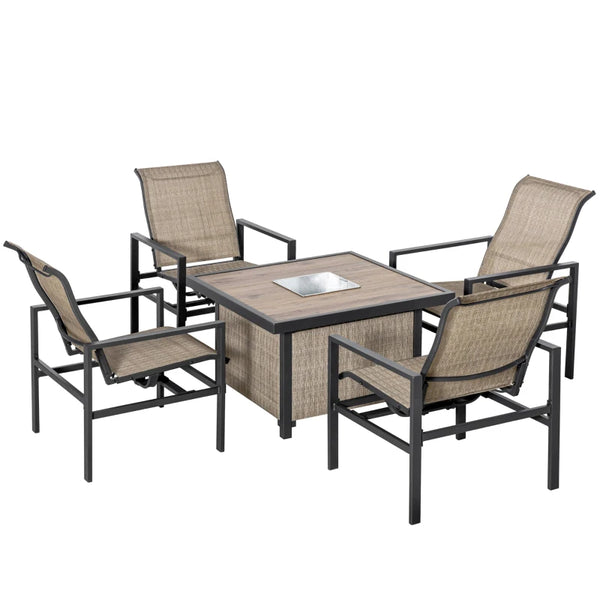 English Elm Outdoor Rocking Dining Set with Built-in Ice Bucket Mesh Chairs Faux Wood Table T3971S00182
