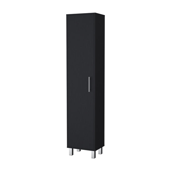 English Elm Lawen Slim Tall Storage Cabinet with Single Door, 3 Broom Hangers, White Wood Finish, Stylish Legs B128P203050