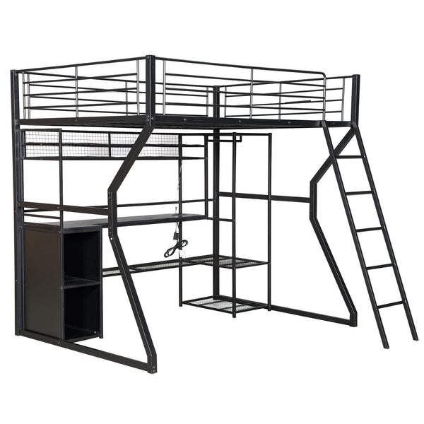 English Elm Full Size Metal Gaming Loft Bed With Workstation, Led Lights, Storage Solutions & Open Wardrobe N7090000666B