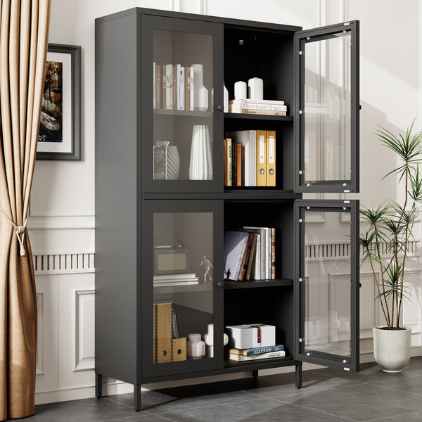 English Elm Classic Metal Storage Cabinet With 4 Glass Doors, Adjustable Shelves For Home & Office – Black Finish W2378P176372