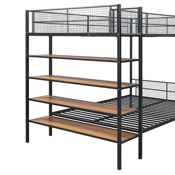 English Elm Twin Twin Over Full Metal Bunk Bed with 5-Tier Staircase Shelves, Space-Saving Storage & Wood Accents Black SF000175AAB