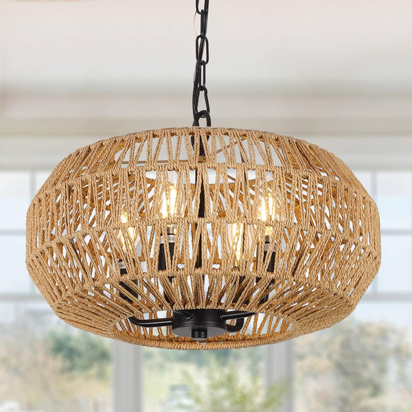 English Elm Farmhouse Rattan Pendant Lights - 4-Light Boho Chandelier, Adjustable Wicker Fixture For Any Space W2738P185429