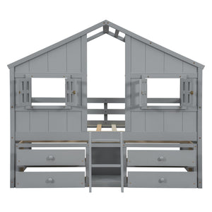 English Elm Full Size House Loft Bed With Roof & Windows, 4 Storage Drawers, Safe Pine Frame In Grey Finish W504S00241