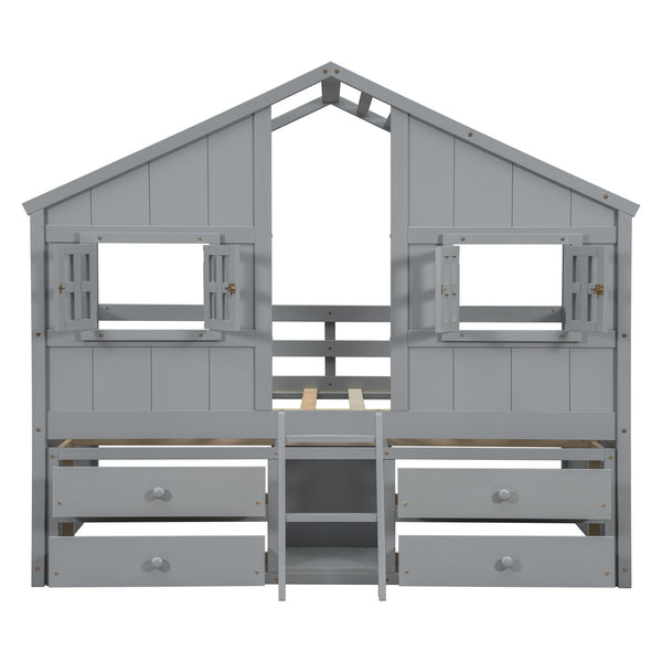 English Elm Full Size House Loft Bed With Roof & Windows, 4 Storage Drawers, Safe Pine Frame In Grey Finish W504S00241