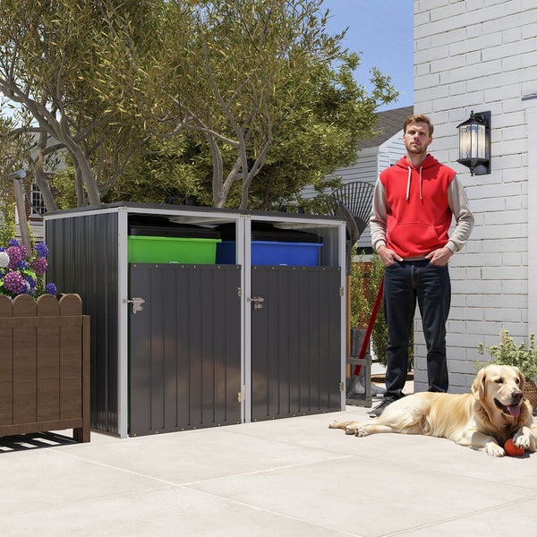 English Elm Garbage Bin Shed Galvanized Steel Enclosure for Two Cans Outdoor Weather Resistant Dark Gray W1598P357714