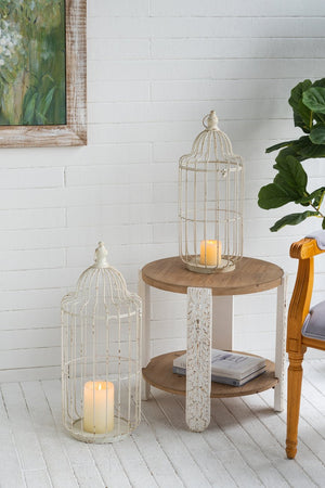 English Elm S/2 Victorian Iron Birdcage Lanterns Whitewashed Finial Tops Farmhouse Candle Holders W2078P495667