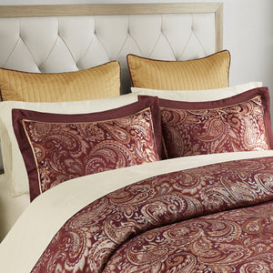 English Elm 12 Piece Comforter Set - Luxurious Burnt Red Jacquard With Cotton Sheets For California King Bed B035128828