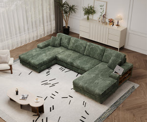 English Elm Convertible U-Shaped Sofa With Storage, Modern Corduroy Design For Spacious Living Rooms, Green W1793S00029