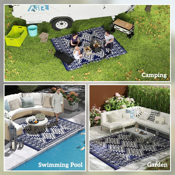 English Elm Patio Reversible Polypropylene Flatweave Rug Foldable Geometric Black White Outdoor Mat T3971P421532