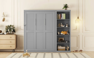 English Elm Queen Murphy Wall Bed with Side Shelving Folds Flush Into Mdf Cabinet for Studio Rooms Gray LP000697AAE-2