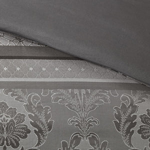 English Elm 7 Bellagio Jacquard Comforter Set Queen with Luxe Leaf, Ironwork Motifs, Pleated Embroidered Pillows & Bedskirt Grey 23.62 L x 18.5 W x 12.99 H B03597022